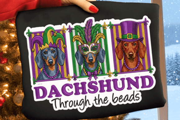 Faux Embroidery Dachshund Mardi Gras PNG