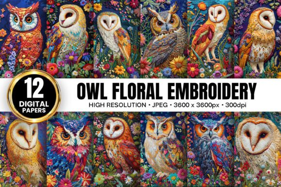 Owl Floral Embroidery Digital Papers